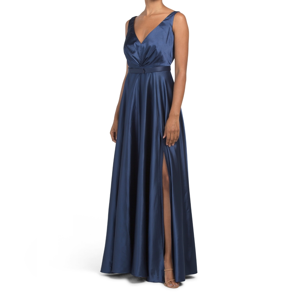marina deep v belted stretched charmeuse gown
